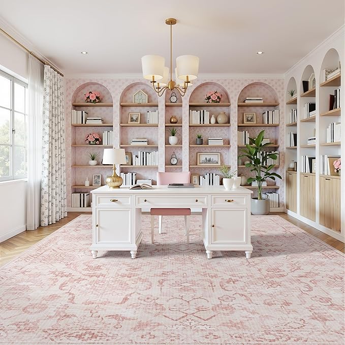 Pink Extra Large Area Rug 10x14 for Living Room, Distressed Washable Rug for Dining Room Bedroom, Anti-Slip Low-Pile and Soft Accent Rug Farmhouse Office Home Decor
