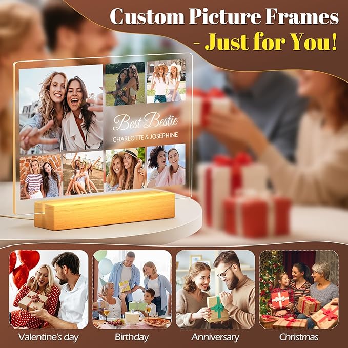 Personalized Picture Frames with Photo, Custom Photo Frame with Night Light, Customized Photo Gifts, Personalized Birthday Gifts for Women, Her, Bestie, Best Friends