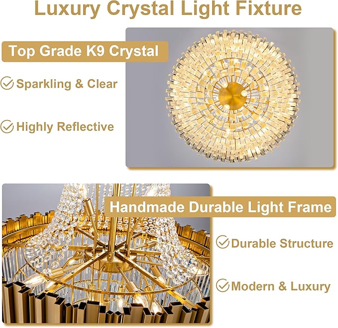 54" Luxury Long Crystal Chandelier for High Ceilings, 21-Light Modern Gold Large Chandeliers for Staircase, Foyer, Entryway, Living Room, Hallway, Contemporary K9 Crystal Tiered Chandelier