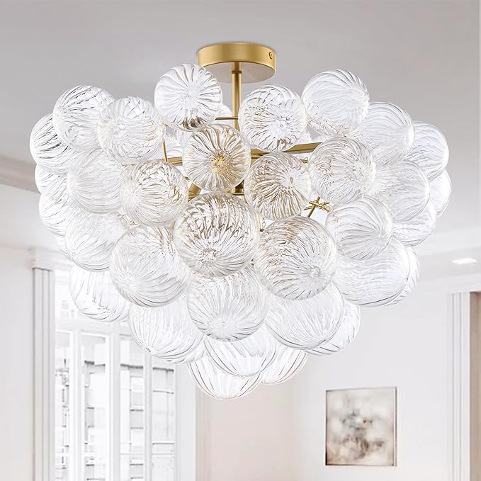 Nordic Bubble Ball Swirled Glass Ceiling Lights Fixture, Dia 24 inch Gild Brass and Clear Blown Glass Small Chandelier for Bedroom Study Bathroom