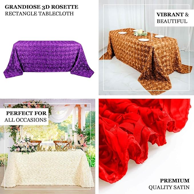 Efavormart 90"x132" Wholesale Rectangle Table Cover Ivory Grandiose Rosette 3D Satin Tablecloth for Wedding Party Event Decoration
