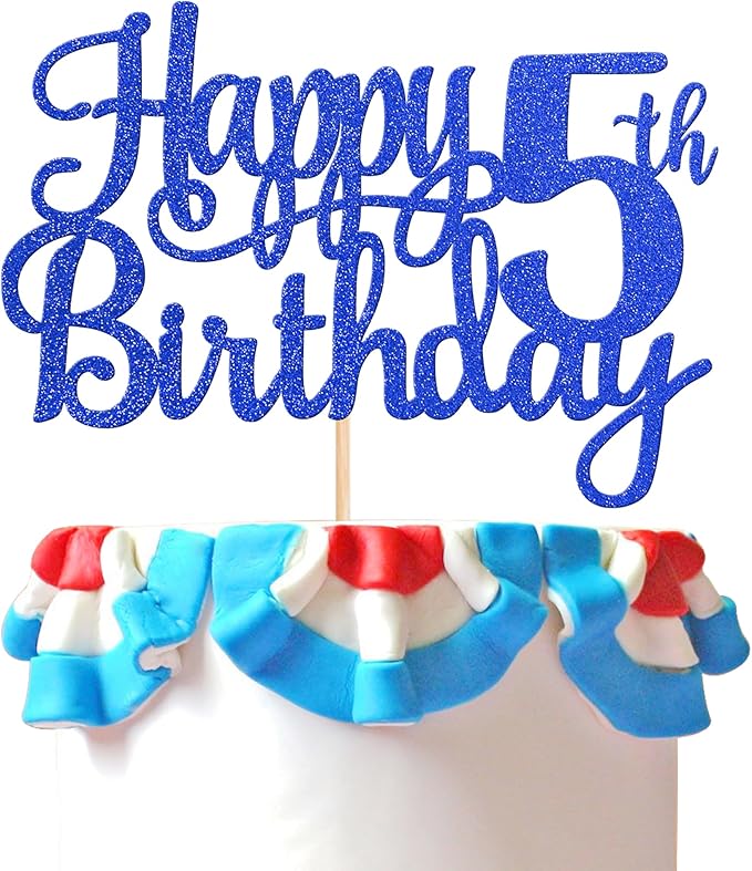 1 PCS Happy 5th Birthday Cake Topper Glitter Cheers to 5 Years Cake Pick Five Fabulous Cake Decoration for 5th Birthday Theme Party Decorations Supplies Blue