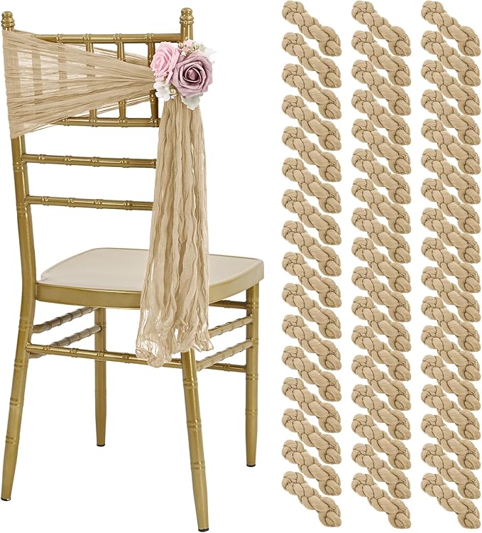 50 PCS Cheesecloth Chair Sashes, Bows Designed ChairSashes, 15.7x70 inch Chair Sashes for Aisle Decorations Universal Chairs Cover Decoration for Wedding Reception Party Banquet (Beige)