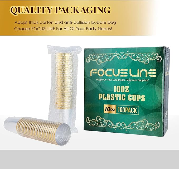 FOCUSLINE 10 oz Gold Plastic Cups, Disposable Clear Fancy Hard Plastic Cups, Gold Rimmed, Heavy Duty, Reusable,100 Count