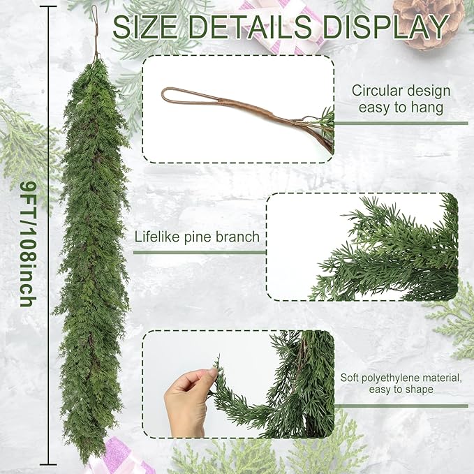 Artgar 9 Ft Christmas Garland - Cedar Garland - Cypress Garlands - Real Touch Pine Garlands - Garland Christmas Decorations for Home Dining Table Mantel Porch Winter Christmas Decor