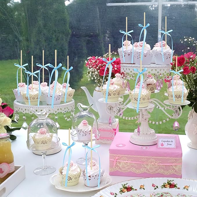 Ephlyn 30Pcs Bow Cupcake Toppers Valentine's Bowknot Ribbons Coquette Bow High Footed Cup Balloon Wall Party Decorations Cake Dessert Picks Baby Girl Birthday Wedding Party Supplies Lake Blue