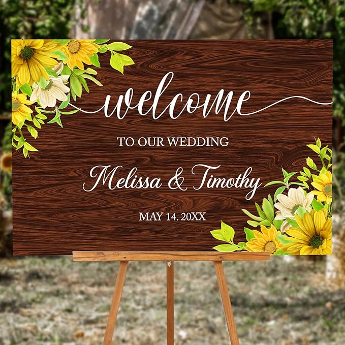 Rustic Sunflower Wedding Welcome Sign Template, Printable Wood-Inspired Welcome Sign with Watercolor Flowers for Ceremony or Reception Decoration