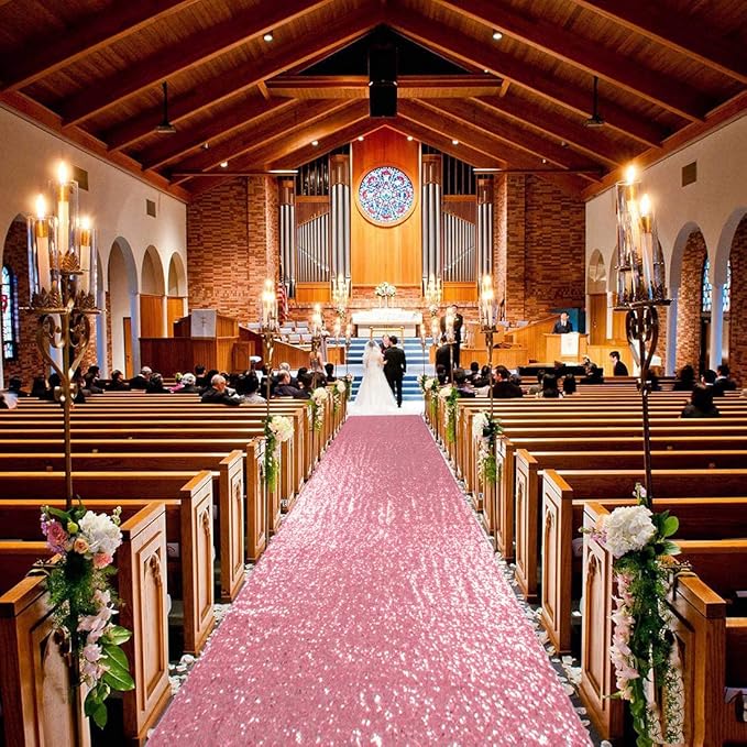 ShinyBeauty Sequin Aisle Runners 2Ft x 15Ft Pink Gold Carpet Runner for Party Glitter Runner for Wedding N116