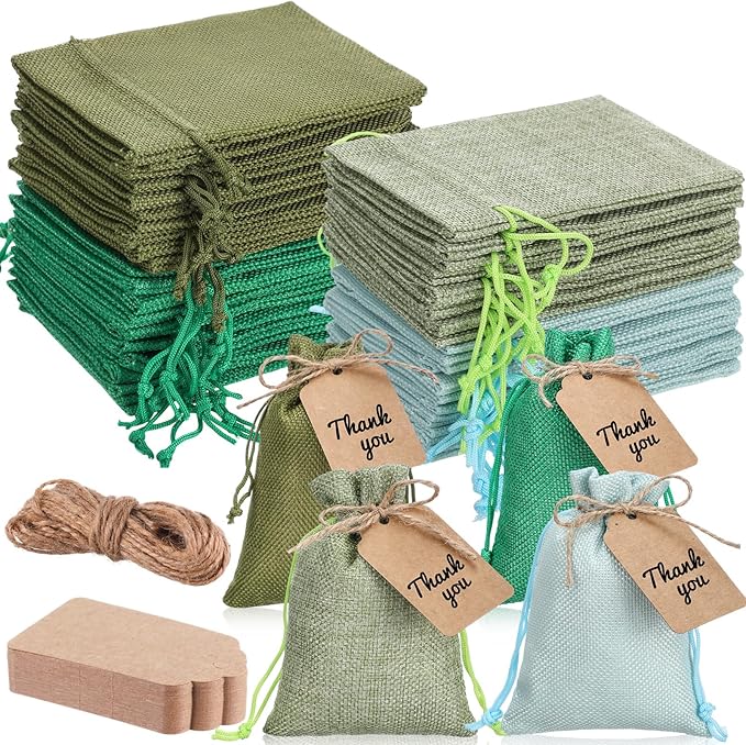 Woanger 100 Pcs Burlap Gift Bags with 100 Pcs Kraft Paper Gift Tags Drawstring Favor Bulk Burlap Sack Bags for DIY Wedding Party Craft(4 x 6 Inch,Mint, Grass, Army, Dark Green)