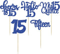 30Pcs 15th Birthday Cupcake Toppers Fifteen Cupcake Picks Cheers to 15 Years Old Mis Quince 15 Cake Decorations for 15th Birthday Anniversary Party Deep Blue Glitter