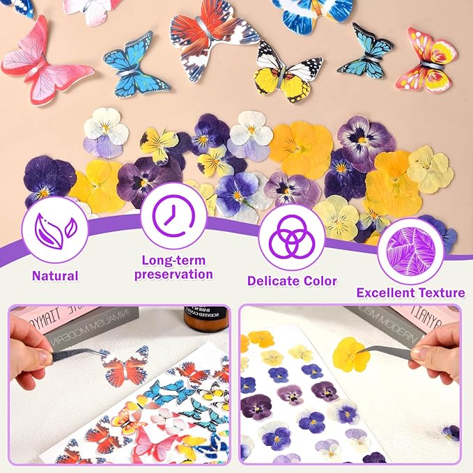 80 Pcs 8 Kinds Natural Real Dried Pressed Edible Flowers & Edible Butterflies for Cake Topper Decorating - Mix Viola Tricolor for Cupcake Toppers, Cocktails, Resin Jewelry Making, DIY Art Crafts