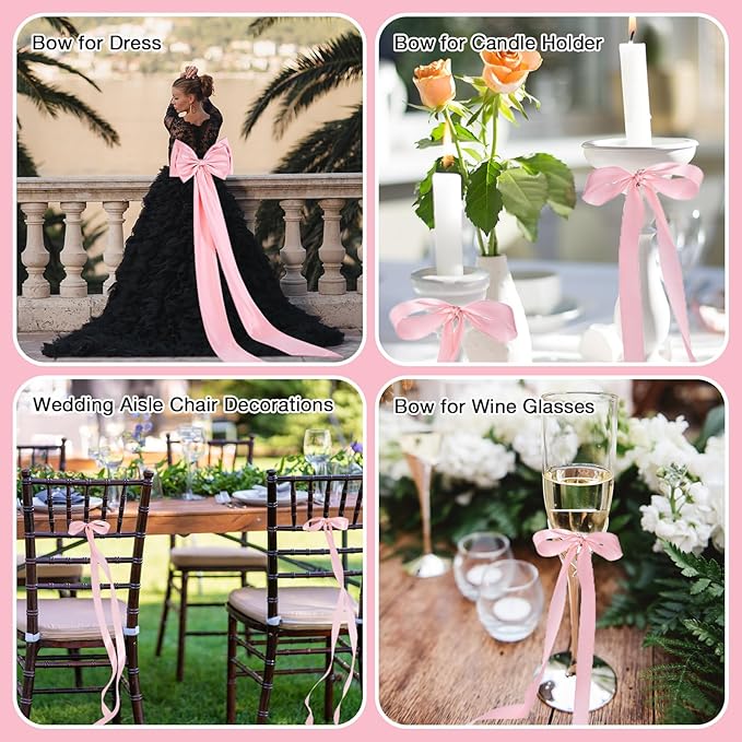 Big Bow with 24 Pcs Chair Ribbon Wedding Aisle Decorations, 78x18 inch Giant Bow for Backdrop Detachable Bow for Dress, Pew Bows Sashes for Chair Wedding Ceremony Outdoor Party (Pink)