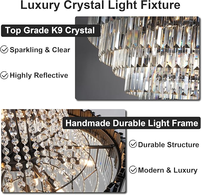 54" Luxury Long Crystal Chandelier for High Ceilings, 21-Light Modern Black Large Chandeliers for Staircase, Foyer, Entryway, Living Room, Hallway, Contemporary K9 Crystal Tiered Chandelier