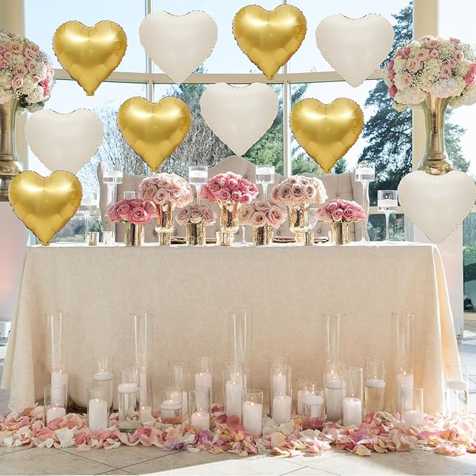 Sand White Gold Heart Balloons,12Pcs 18Inch Cream White Metallic Gold Heart Shaped Foil Helium Foil Balloons for Baby Shower Birthday Anniversary Wedding Engagement Party Decorations