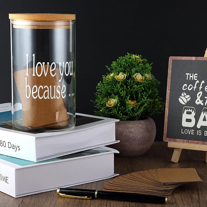 Love Notes Jar Love You Because Jar with 100 Note cards and 1 Pen, Christmas Anniversary Birthday Gifts for Boyfriend Girlfriend Wife Husband, Newlywed Gifts for the Couple