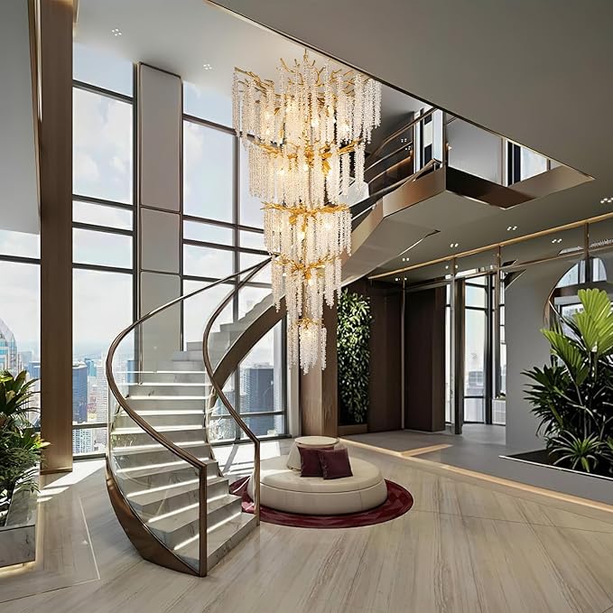 YUYI Upgraded 118'' Long Crystal Chandelier for High Ceiling, 28-Light Modern Gold Tree Branch Chandelier, Large Chandeliers for Foyer, Entryway, Staircase, 5-Tier Luxury K9 Raindrop Light Fixtures