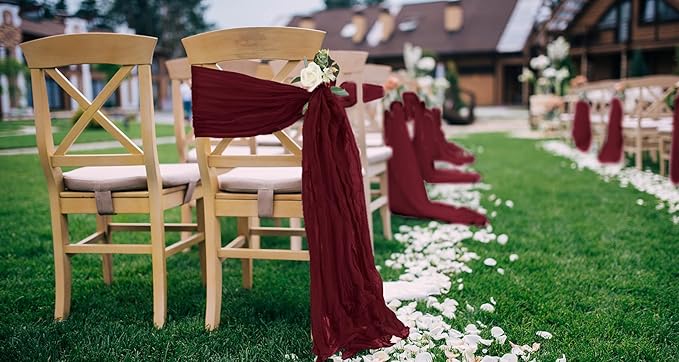 50 PCS Cheesecloth Chair Sashes, Bows Designed ChairSashes, 15.7x70 inch Chair Sashes for Aisle Decorations Universal Chairs Cover Decoration for Wedding Reception Party Banquet (Burgundy)