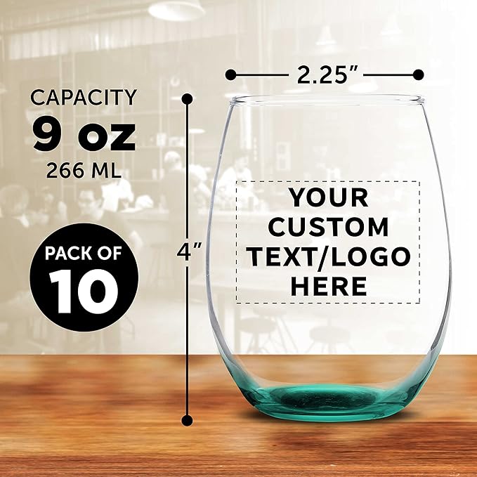 Custom Stemless Wine Glass 9 oz. Set of 10, Personalized Bulk Pack - Great for Wedding Favors, Bachelorette Party Decorations, Party Favors, Color Bottom - Green