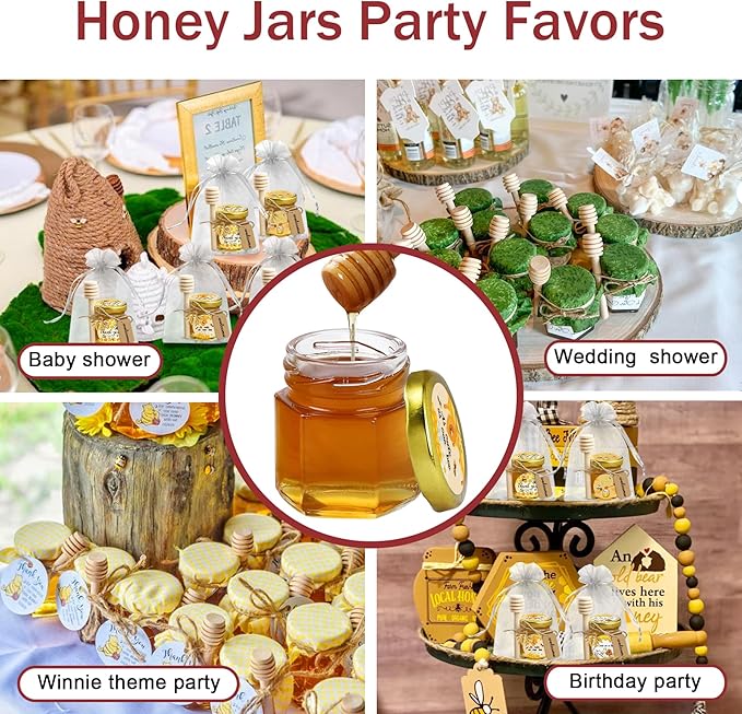 Aliggbent 96 Pack Mini Honey Jars Party Favors in Bulk, 1.5 oz Small Hexagon Glass Honey Jars with Dippers, Lids, Cute Stickers, Bee Charms, Gift Bags and Jute for Baby Showers, Weddings & Birthdays