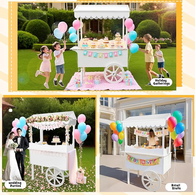 7FT Candy Cart Display Stand with Decorated Wheels, Dessert and Party Decoration Cart with 100 Ballons, Easy to Install Vintage for Parties, Birthdays, Weddings, (White)