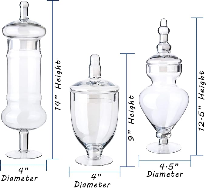 Set of 3 Apothecary Jar with lids, Glass Candy Container Set, Decorative Jars for Weddings & Party, Elegant Storage Candy Canister, Iridescent (H: 9", 12.5", 14"; 20 FL.OZ, 23 FL.OZ and 28 FL.OZ)