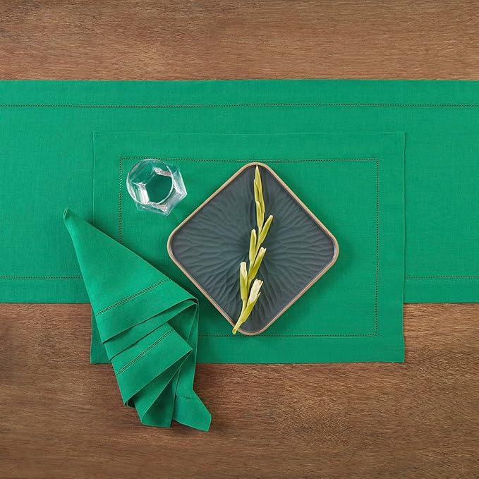 Solino Home Linen Table Runner 90 Inches Long - 100% Pure Linen Emerald Green Table Runner 14 x 90 Inch for Christmas - Classic Hemstitch
