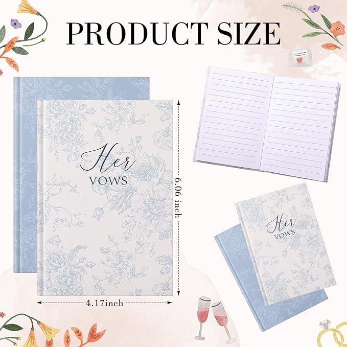 Set of 2 Vow Books His and Hers, Wedding Vow Books (6.06x4.17) Wedding Keepsake Essentials Elegant Bridal Shower Ceremony Gift Elopement Essentials(Blue,Floral)