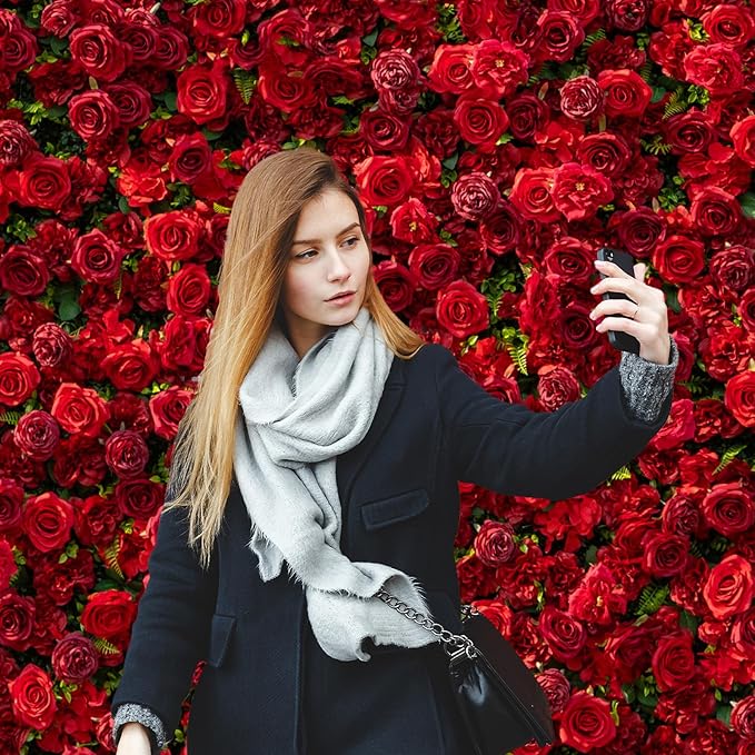 Artificial Flower Wall Panels, Luxury 5D Silk Red Rose Backdrop Decor for Wedding Celebrations, Festive Party and Home Decorating, Quick Assembly and Storage, both Eco ＆ Pet Friendly, 4ft*8ft.