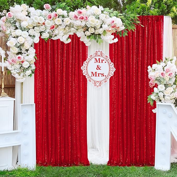 JYFLZQ Red Sequin Backdrop Curtains 2ft x 8ft 2 Panels Glitter Photo Booth Backdrops Sparkly Photography Background Drapes for Parties Wedding Bridal Showers