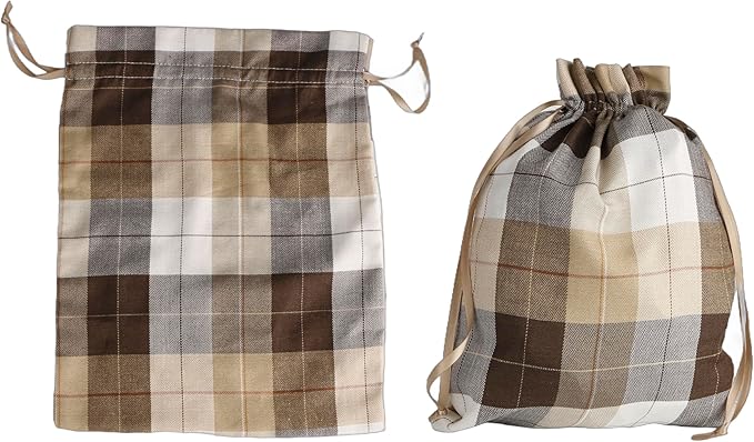 Large Fall Burlap Bags with Drawstrings - Orange Buffalo Plaid, Sage Green Gingham - Reusable Brown Pouch for Thanksgiving Party Gift Wrapping Goodies (4 colors, 6x8 inch)