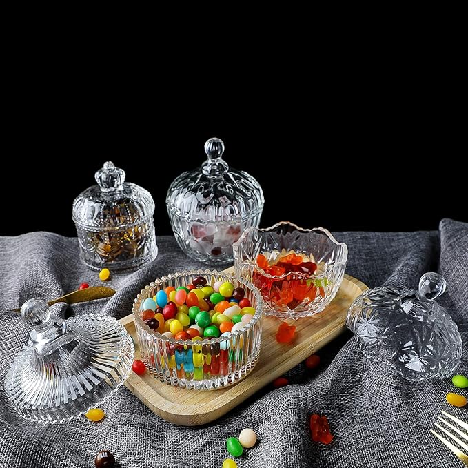 INFTYLE Glass Candy Dish with Lid Set of 4 Crystal Glass Candy Jar Jewelry Box Dappen Dish Cookie Jar for decorative storage gift idea (4pcs Clear)…