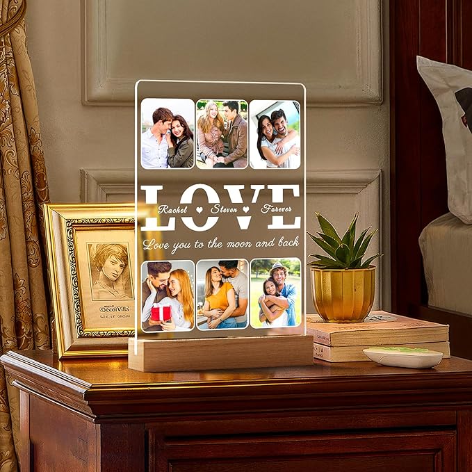 Personalized LOVE Picture Frames with Photo, Custom Photo Frame with Night Light, Customized Photo Gifts, Personalized Anniversary Couples Gifts for Women Men Her Him Boyfriend Girlfriend