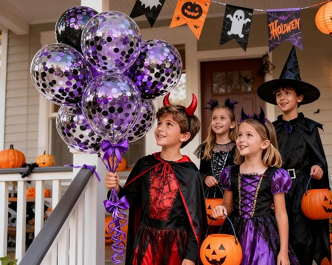 50pcs Purple and Black Foil Confetti Balloons,12 inch Latex Balloon with Purple Black Confetti Inside for Halloween Party Decorations