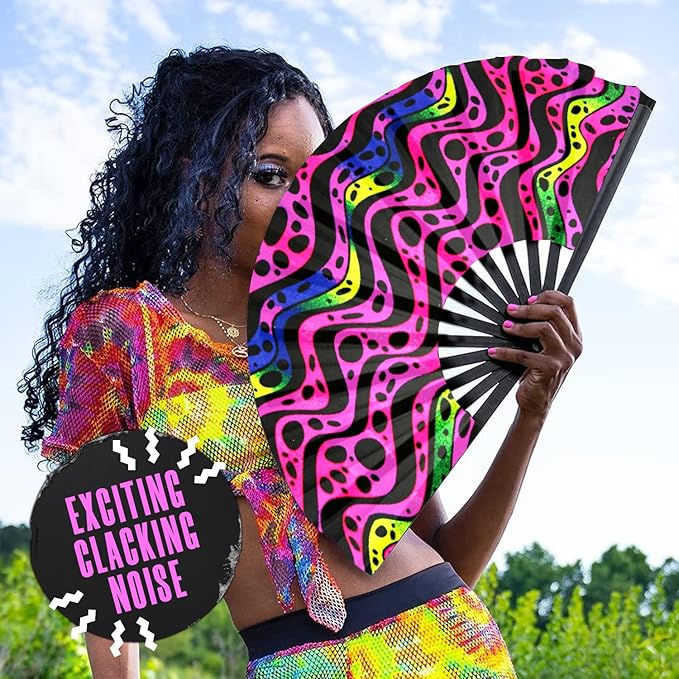 GloFX Folding Fan - Heat Wave - Large Rave Clack Folding Hand Fan for Men and Women - for EDM, Music Festival, Club, Event, Party, Dance, Performance, Decoration, Gift
