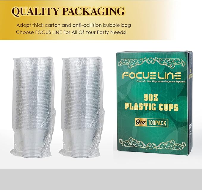 FOCUSLINE 9 oz Silver Plastic Cups, Disposable Clear Fancy Hard Plastic Cups, Silver Glitter, Heavy Duty, Reusable,100 Count