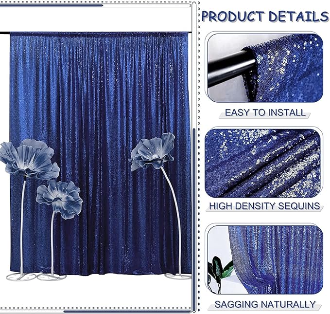 Navy Blue Sequin Backdrop Curtains Glitter Drapes 2FTx8FT 4 Panels for Wedding Birthday Party Decorations Bridal Baby Shower Party Supplies Sparkly Photography Background