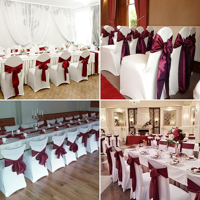 100 PCS Satin Chair Sashes Decorative Bow Satin Chair Sashes Ties Seat Ribbon Bows Chairs Cover Band for Wedding Party Event Ceremony Reception Holiday Banquet Home Kitchen Decor(7 x108 inch,Burgundy)