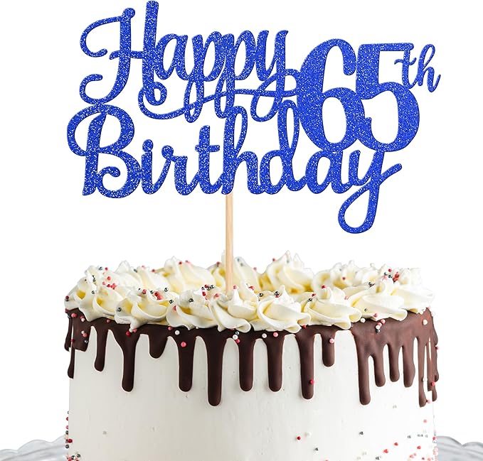 1 PCS Happy 65th Birthday Cake Topper Glitter Cheers to 65 Years Birthday Cake Pick Sixty Five 65 Fabulous Cake Decoration for Happy 65th Birthday Theme Party Decorations Supplies Blue