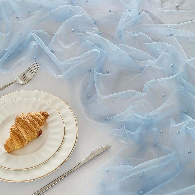 Fanami 1 Pack Pearl Table Runner -10FT Dusty Blue Boho Tulle Table Runners 120 Inches Long Rustic Sheer Lace Fabric Centerpieces for Wedding Arch Birthday Party Bridal Veil Baby Shower Decorations