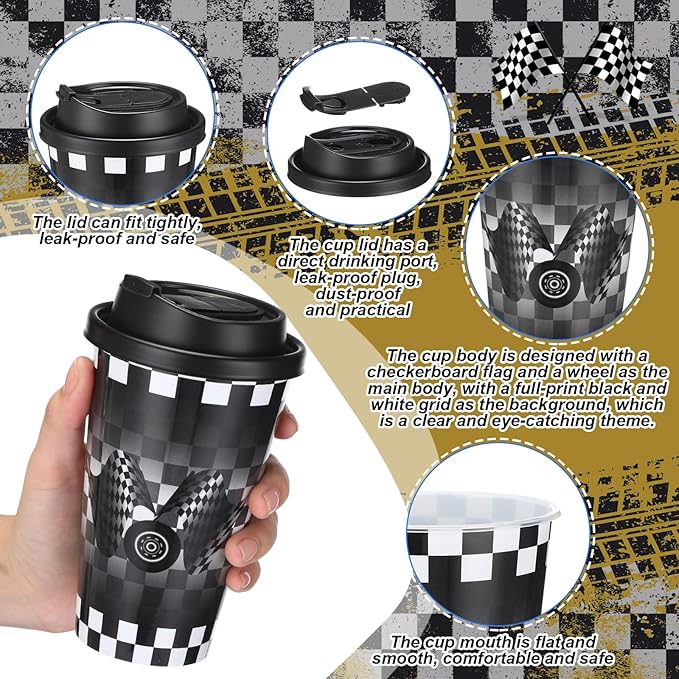 Yungyan 36 Sets Checkered Flag Party Favors Goodie Cups with Lids and Straws for Birthday Decorations Reusable 16oz Plastic Candy Cups Plastic Straws for Birthday Party (Checkered Flag)