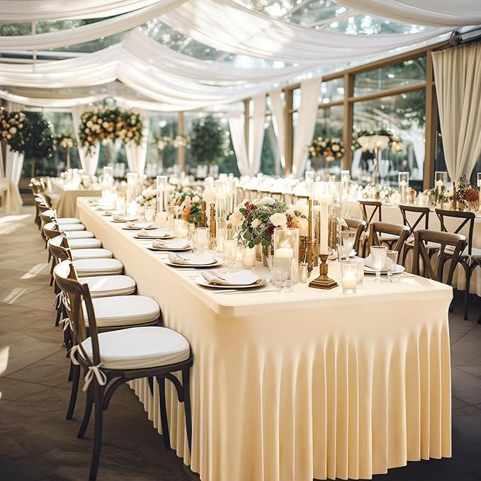 Wish Care 2 Pack Champagne Spandex Table Clothes for 6 Foot Rectangle Tables, 6FT Wrinkle Free Fitted Tablecloths Ruffles Design Table Cover for Party, Banquet, Wedding and Events