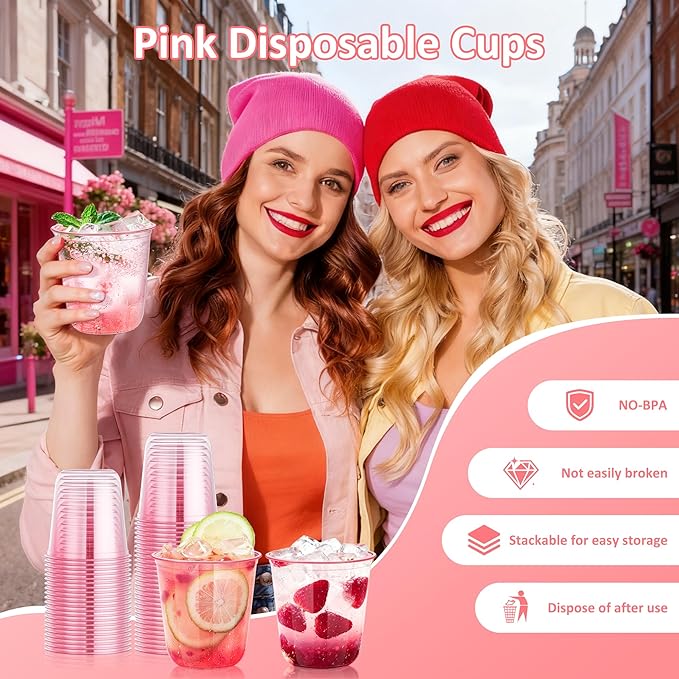 DI QIU REN 100PCS 12 OZ Pink Plastic Cups Pink Cups Disposable Wine Glasses Round Bottom Plastic Cup Martini Party Cup for Birthday Wedding Meeting Valentines Baby Showers Picnic Festive Celebrations