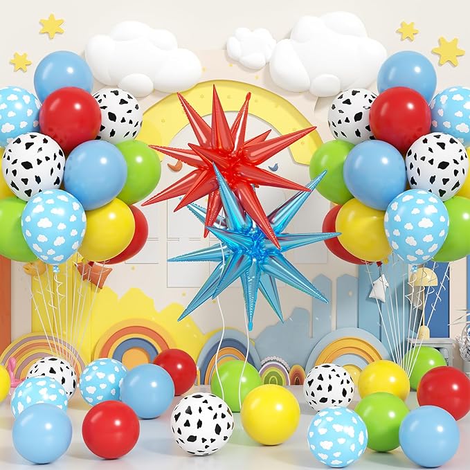 Red Blue Yellow Balloons, 12 Inch Cow Pattern Cloud Light Blue Yellow Red Fruit Green Balloons with Star Foil Balloon for Boys Girls Baby Shower Party Birthday Decorations