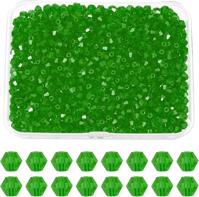 PATIKIL 1000pcs 3mm Bicone Glass Crystal Beads, Faceted Glass Spacer Beads with Box for Jewelry Making Bracelet Necklace Earrings DIY Suncatcher Craft, Grass Green