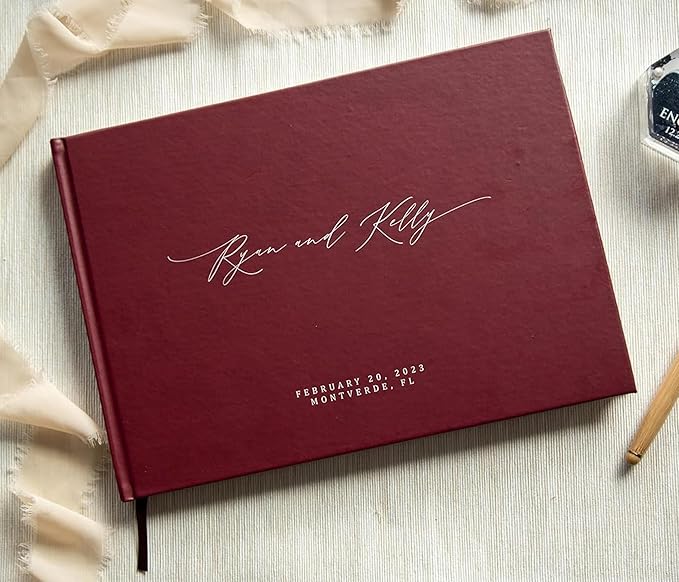 MUUJEE Personalized Guestbook in Wine - Premium Custom Modern Guest Book for Wedding Reception, Birthday Party or Events w/Bookmark Blank Pages for Signing 11.5 x 8.5 inches