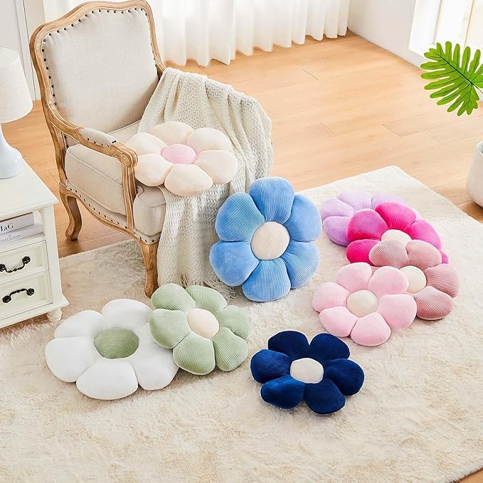 Dusty Blue Flower Pillow, 19.6" Cute Flower Shaped Floor Pillow, Aesthetic Floral Plush Daisy Decorative Throw Pillows for Bed Sofa Couch