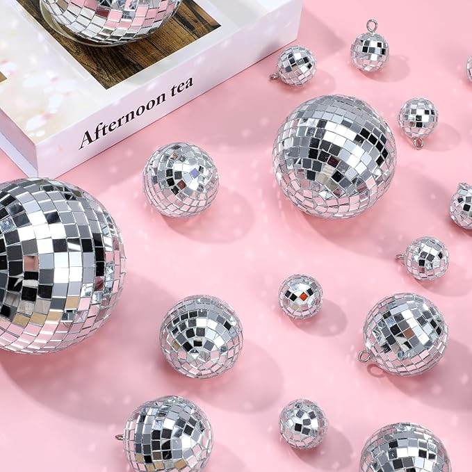55Pcs Disco Ball Decor Hanging Mirror Disco Ball, 4Sizes Glitter Silver Mini Discos Balls Ornaments with Rope for 70s Discos Themed Birthday Party Supplies Christmas Tree Decors
