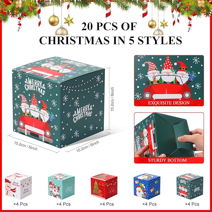 COTOPHER 20 Pcs Christmas Gift Boxes, 6" x 6" x 6" Xmas Candy Boxes for Gift Giving, Paper Treat Ornament Gift Box Decorative Christmas Goodie Box for School Home Holiday Party Favors Supplies