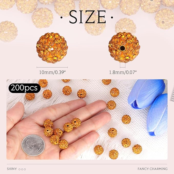 200pcs 10mm Golden Rhinestone Beads for Jewelry Making, Shiny Round Shamballa Disco Ball Beads Bulk, Sparkle Crystal Clay Christmas for Bracelet Baseball Necklace Earring Crafting and DIY