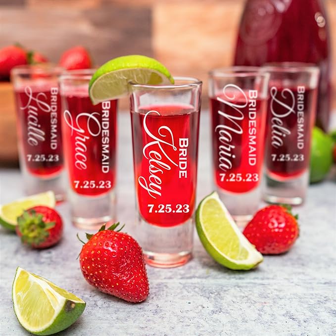 Custom Engraved 2 oz Shot Glass – Personalized Etching – Groomsman & Bridesmaid Gift – Wedding Favor Shot Glasses Set of Six